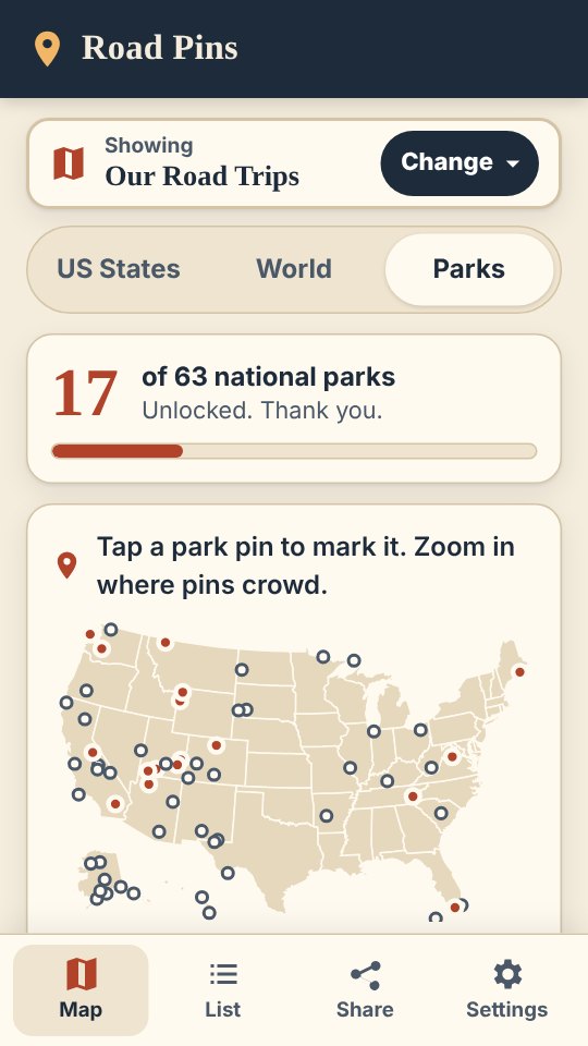 The national parks map with 17 parks pinned.