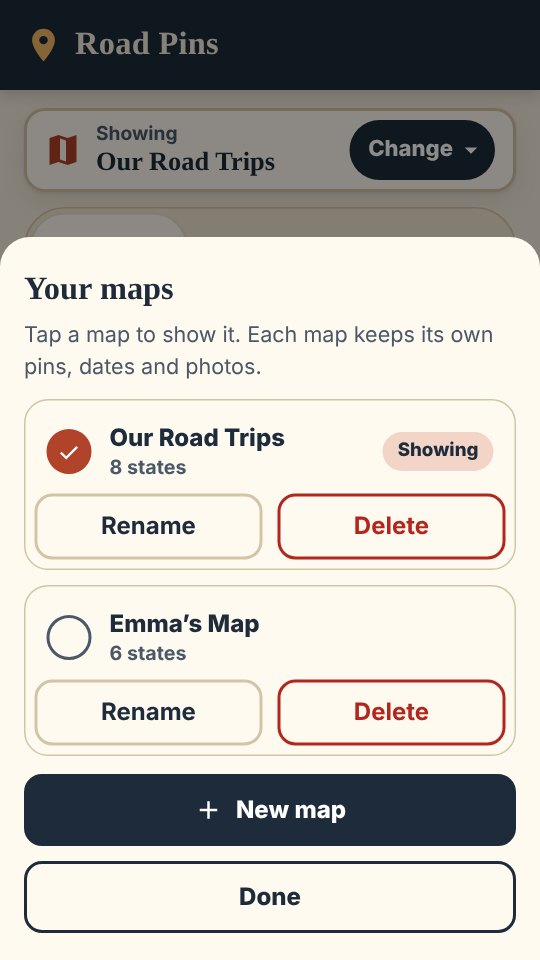Your maps: Our Road Trips and Emma’s Map, each with its own pins.