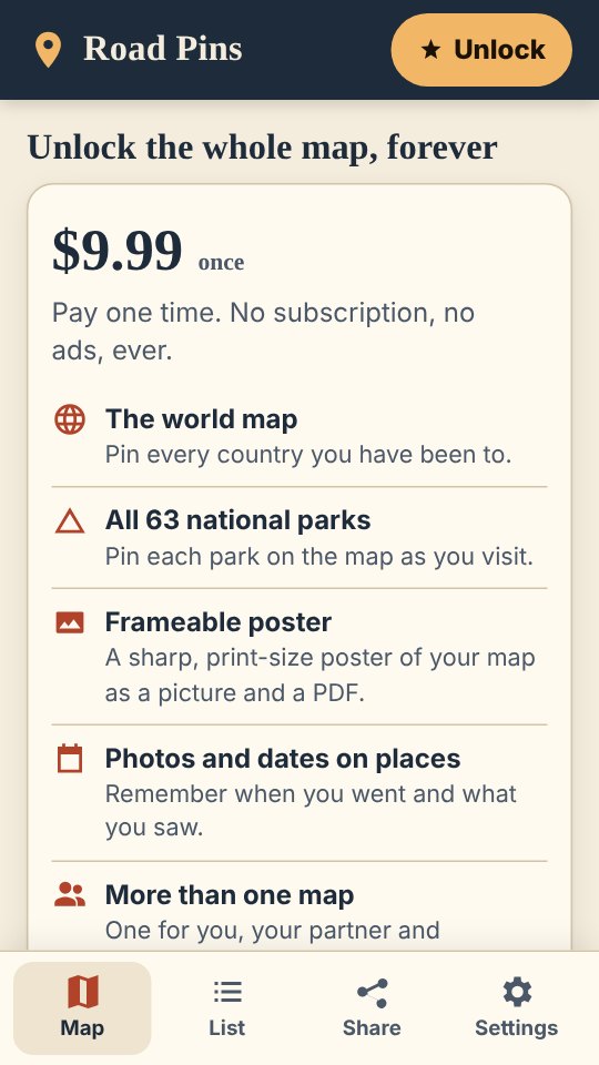 The unlock page: $9.99 once, no subscription, and what it adds.