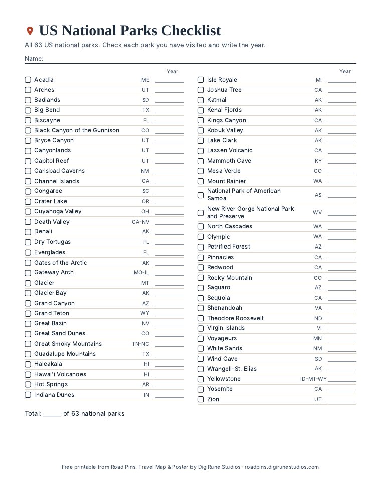 Preview of the free printable: All 63 national parks