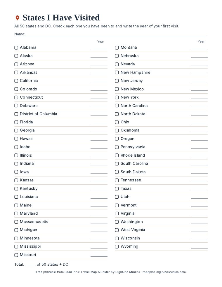 Preview of the free printable: All 50 states and DC